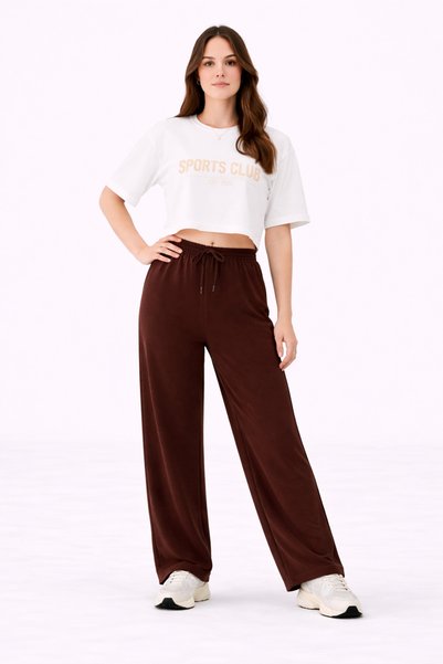 CNRCollection Women's Brown Modal Stretchy Soft Textured Wide Leg Comfortable Wide Cut Modal Fabric Sweatpants
