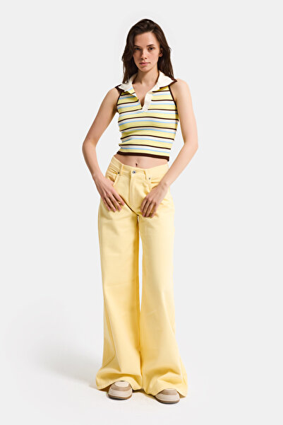 it's basic Kadın Sarı Çizgili s6-108 Crop Fit Polo Yaka İnce Yazlık Triko Body