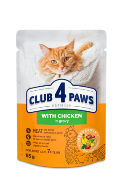 Club4Paws Hrana umeda Club 4 Paws Senior 7+ pentru pisici - Pui in sos, 24x85g