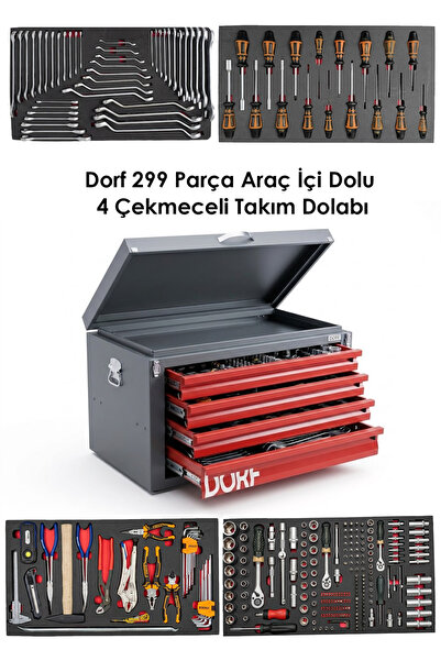 dorf Tools Yol Yardım İçin 300 Parça Profesyonel 4 Çekmece Seyyar Takım Sandı...