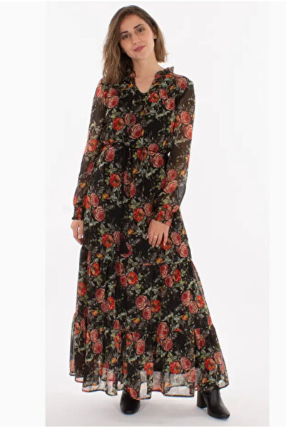 Coline Μαύρο Μάξι Φόρεμα Σιφόν με Τριαντάφυλλα – Μποέμ Κομψότητα από