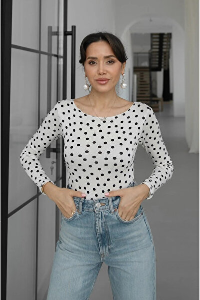 My Blog Ecru Slightly Curved Collar Polka Dot Blouse - 0668