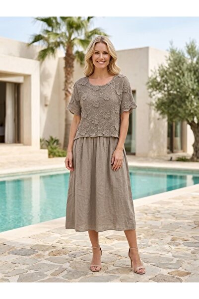 Punta Otantik YG11152 Ιταλικό λινό φόρεμα με λεπτομέρεια από δαντέλα λουλουδι...