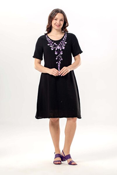 Eliş Şile Bezi Κοντομάνικο φόρεμα Lidya με λαιμόκοψη ποδηλάτου, κεντημένο, κα...