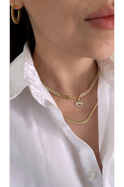 Bade Jewelry Fully Design Gold 2’li İtalyan Ezme Zincir&Göz Detaylı V Model K...