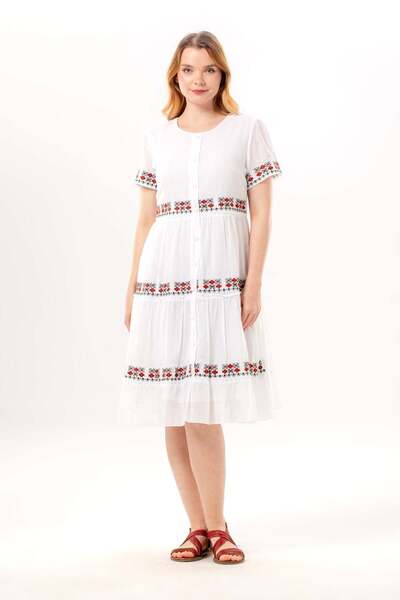 Eliş Şile Bezi Κοντομάνικο φόρεμα με λαιμόκοψη ποδηλάτου, κεντημένο, αυθεντικ...