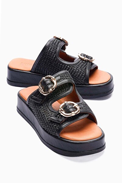 Mubiano Γυναικείες Παντόφλες με Ψάθινη Λεπτομέρεια, Διπλό Λουράκι, Πλατφόρμα ...