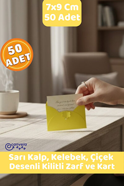 CANVELA 50 Adet 7x9 Cm Sarı Zarf Kalp Çiçek Kelebek Kilitli Mini Hediye Zarfı...