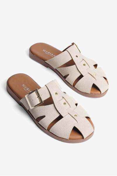 Mubiano Women's Suede Slippers with Buckle and Gold Detail in Zerel Beige