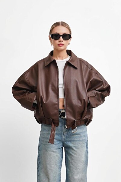 Jaglion Γυναικείο δερμάτινο μπουφάν Oversize μοντέλο ZR με λεπτομέρεια ζώνης ...