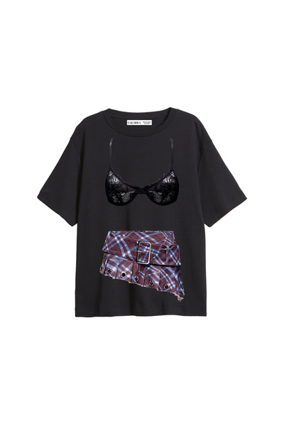 CİNEMA MODA Καρό Φούστα με Στάμπα, Χαλαρή Εφαρμογή, Μαύρο Γυναικείο Μπλουζάκι