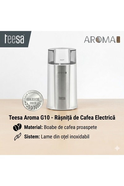 Teesa Aroma G10 Ηλεκτρικός Μύλος Καφέ, Λεπίδες από Ανοξείδωτο Ατσάλι, Ασημί
