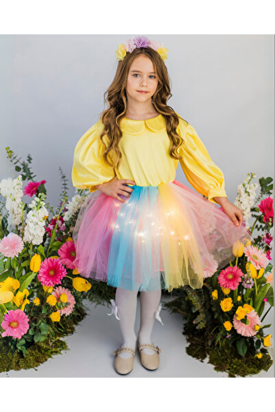 fustite cu luminite Φόρεμα Ουράνιο Τόξο με Κίτρινο Κορσάζ με Φωτάκια, για Ανο...