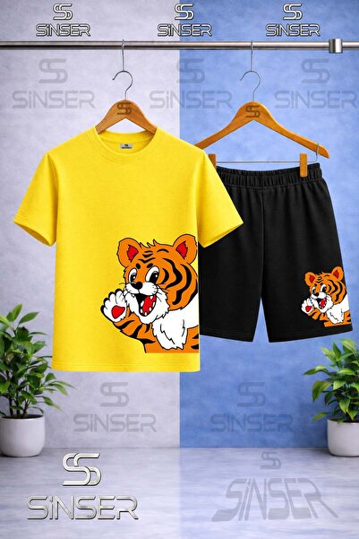 SS SİNSER تي شيرت للأطفال مطبوع عليه YANDAN CUTE TIGER برقبة دائرية - طقم شورت