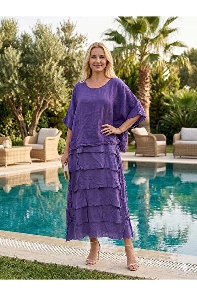 Punta Otantik NC20831 Ιταλικό λινό φόρεμα με βολάν, μωβ
