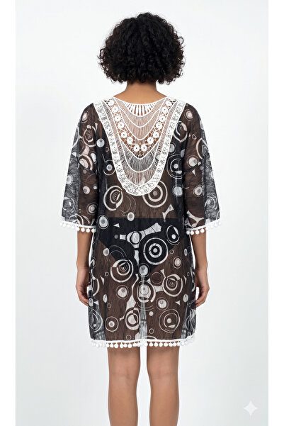 my cherie Πολύχρωμο τούλινο παρεό με δαντέλα στην πλάτη και πομπόν