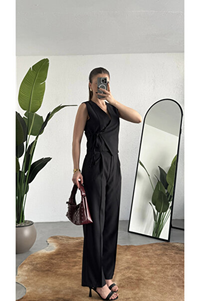 asfamoda Γυναικείο μαύρο ασύμμετρο διπλό γιλέκο με δέσιμο, πλισέ παντελόνι πλ...