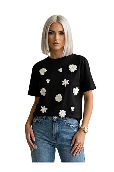 OEM Women's black cotton T-shirt with white 3D flowers casual, M/L