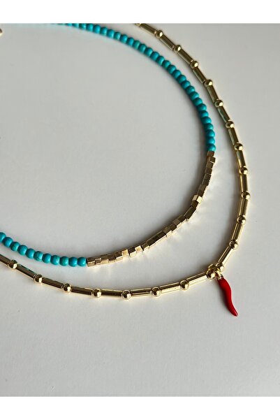 mibrillo Turquoise Bead Double Summer Necklace Trendy Necklace Set