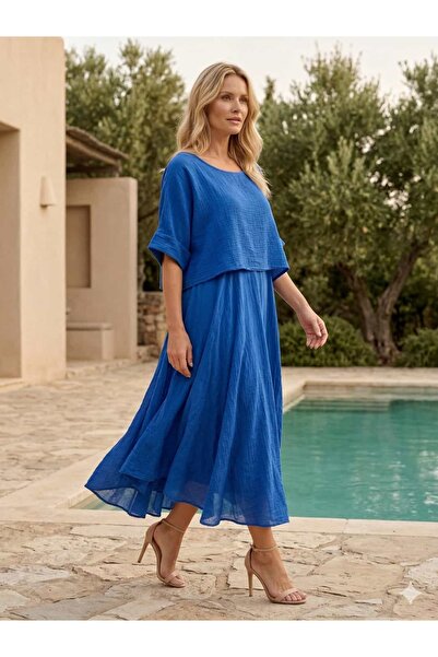 Punta Otantik YG19193 Ιταλικό Βαμβακερό Λινό Φόρεμα Μπλούζα Σετ saks