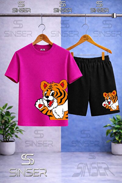 SS SİNSER تي شيرت للأطفال مطبوع عليه YANDAN CUTE TIGER برقبة دائرية - طقم شورت