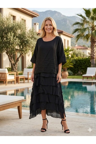 Punta Otantik NC20831 Ιταλικό λινό φόρεμα με βολάν σε μαύρο χρώμα