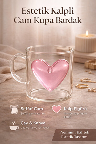 DİVAYS Heart Detailed Transparent Glass Mug Aesthetic Design Tea and Coffee Cup