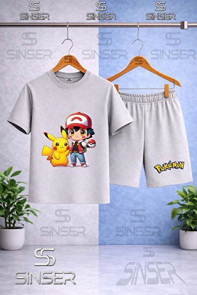 SS SİNSER Children's Pikhacu Esli Ikil Printed Crew Neck T-Shirt - Shorts Set