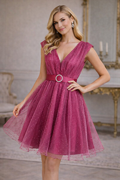 Divin store Κομψό ματζέντα φόρεμα από οργαντίνα με πουά.