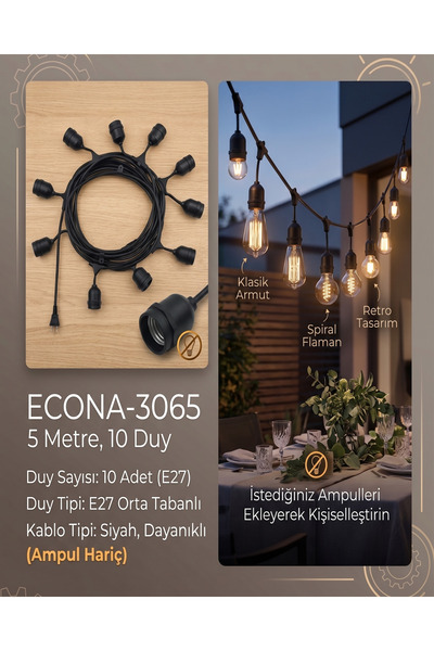 ECONA 5 Metre 10 Duy Organizasyon Parti Süs Bahçe Düğün Sıralı Zincir Aydınla...