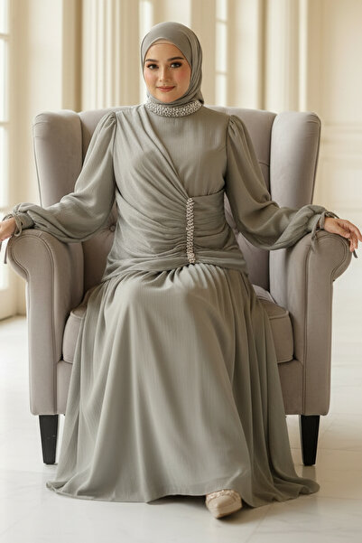 SUBU TASARIM Λαμπερό σιφόν με πέτρινη λεπτομέρεια, μεγάλο μέγεθος, βραδινό φό...