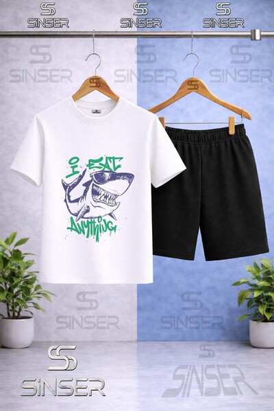 SS SİNSER Kids' Shark Purple Green Printed Crew Neck T-Shirt - Shorts Set