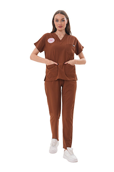 Jüniper En- Boy Likralı Kahve Kadın Scrubs Takım