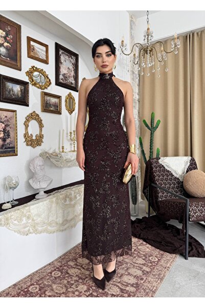 Ayzde Fashion Simli Halter Yaka Balık Model Abiye paris Elbise