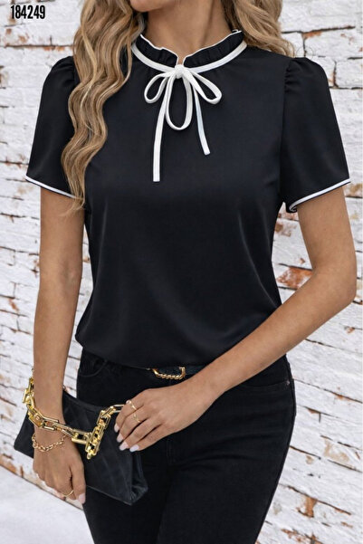 moda wanilia Women's Stylish Ruffle Collar Lace-Up Short Sleeve Janjan Crepe ...