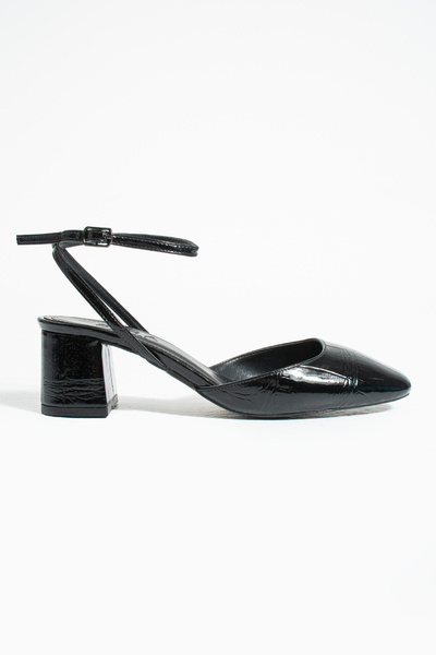 Sira Official Amber Black Croco Open Back Thick Heeled Shoes