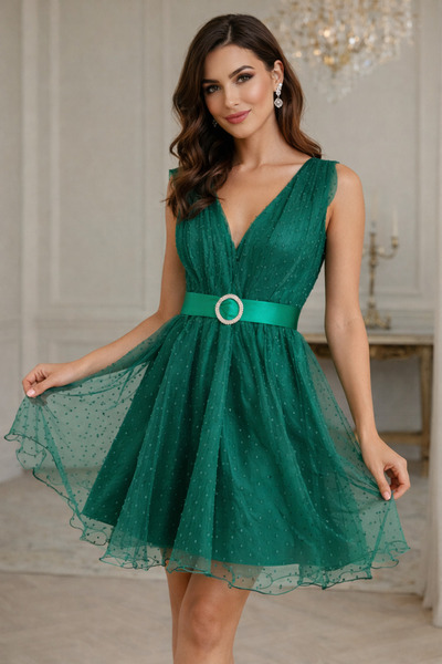 Divin store Κομψό σμαραγδί πράσινο φόρεμα από οργαντίνα με πουά.