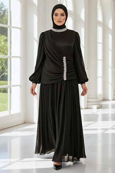 SUBU TASARIM Λαμπερό σιφόν με πέτρινη λεπτομέρεια, μεγάλο μέγεθος, βραδινό φό...