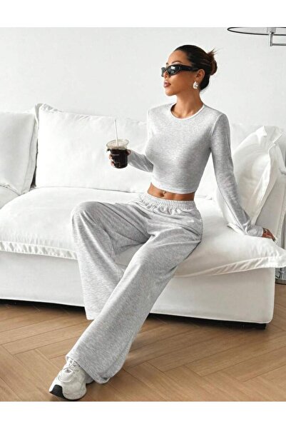 Le Vion Γυναικείο φαρδύ παντελόνι φόρμας με ψηλή μέση, άνετη εφαρμογή και τσέπες