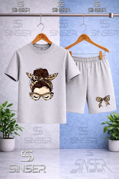 SS SİNSER Kids' Girls Leopard Striped Printed Crew Neck T-Shirt - Shorts Set