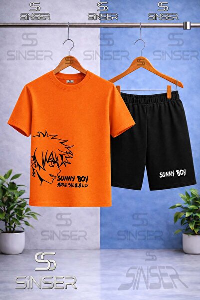 SS SİNSER تي شيرت للأطفال من SUNNY BOY أسود مطبوع برقبة دائرية - طقم شورت