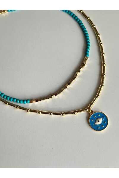 mibrillo Turquoise Bead Double Summer Necklace Trendy Necklace Set