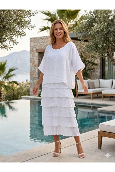 Punta Otantik NC20831 Λινό Ιταλικό Φόρεμα με βολάν Λευκό