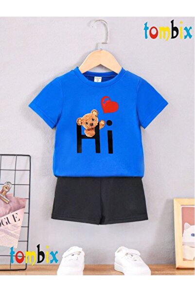 tombix Hearted Hi̇ Bear Printed T-Shirt Shorts Summer Children's Set