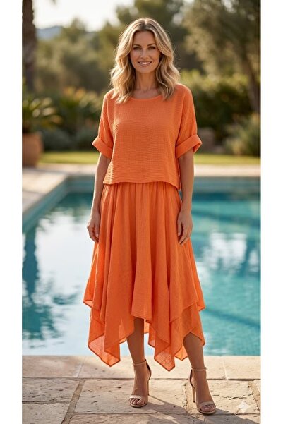 Punta Otantik YG19193 Ιταλικό Βαμβακερό Λινό Φόρεμα Μπλούζα Σετ πορτοκαλί