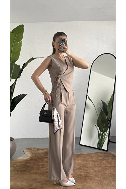 asfamoda Γυναικείο Κρεμ Ασύμμετρο Γιλέκο με Διπλό Κούμπωμα, Πλισέ Παντελόνι Π...