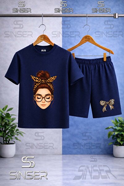 SS SİNSER Kids' Girls Ribbon Full Face Printed Crew Neck T-Shirt - Shorts Set