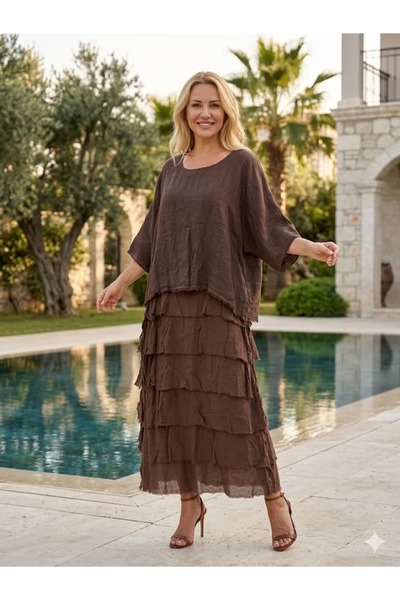 Punta Otantik NC20831 Ιταλικό λινό φόρεμα με βολάν σε καφέ χρώμα