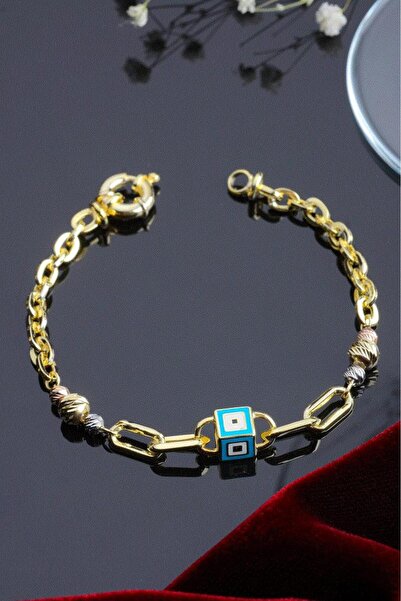 innuendo jewelery 925 Ayar Gümüş Altın Kaplama Nazar Küp Detaylı Zincir Bileklik