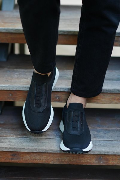 TETRİ Lena Model Genuine Leather Handmade Black Knitwear Sneaker Shoes